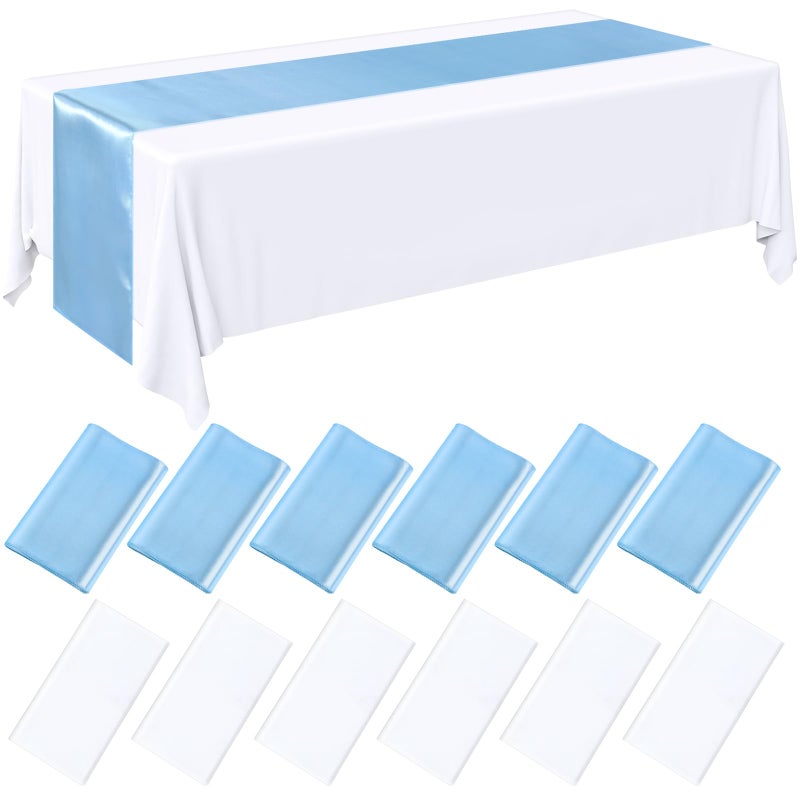 Tudomro 12 Pcs White and Blue Disposable Plastic Tablecloths and Satin Table Runner Set 54 x 108 Inch Tablecloth 12 x 108 Inch Table Runners for Wedding Baby Shower Birthday Party - Image 2