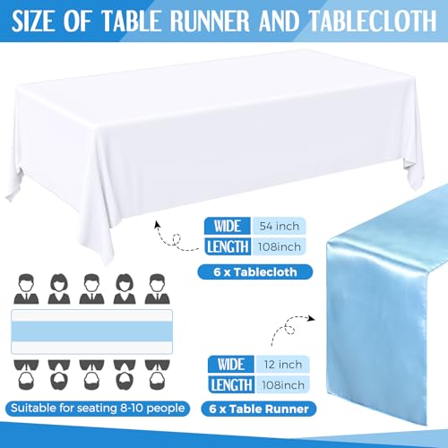 Tudomro 12 Pcs White and Blue Disposable Plastic Tablecloths and Satin Table Runner Set 54 x 108 Inch Tablecloth 12 x 108 Inch Table Runners for Wedding Baby Shower Birthday Party - Image 3