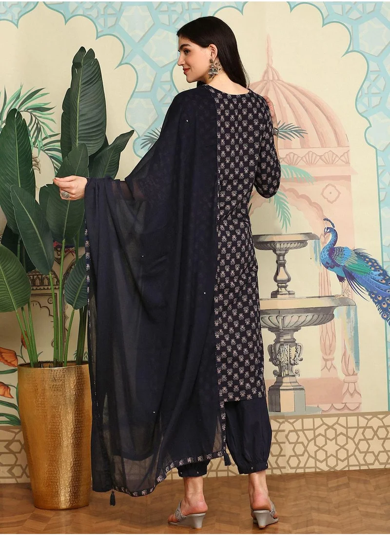 ISHIN Women's Indigo 100% Cotton Embellished Tunic Full Length Casual Straight Fit Kurta Set