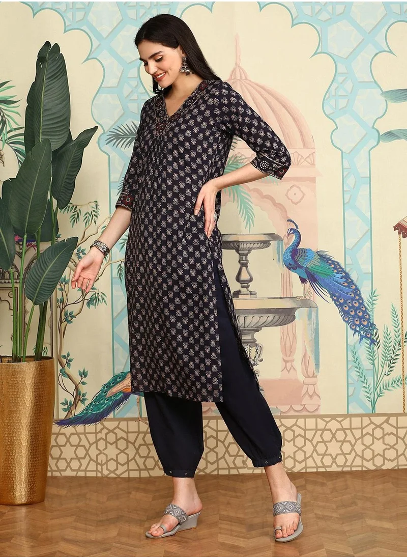 ISHIN Women's Indigo 100% Cotton Embellished Tunic Full Length Casual Straight Fit Kurta Set