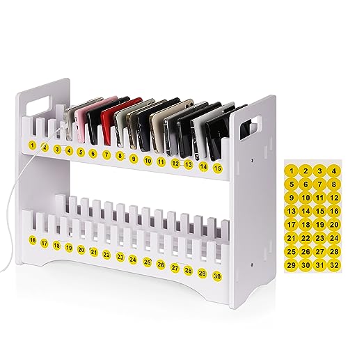 Ozzptuu Cell Phone Holder Classroom Cell Phone Storage 2Tier Multiple Cell Phone Stand Rack with 130 Number Stickers PVC Board Mobile Phone Holder Desktop Organizer for Classroom Office 30 Slots
