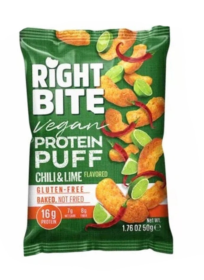 Right Bite Vegan Protein Puff, Gluten Free, Baked Not Fried 16g Protein 50g (PACK OF 4, CHILLI & LIME)
