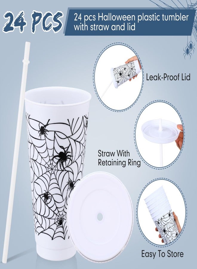 Funnymoom 24 Pcs Halloween Cups with Lids and Straws Spiderweb Halloween Plastic Cups 24 Oz Bulk White Mugs for Kids Adult Spooky Spider Theme Halloween Party Holiday Supplies - Image 3