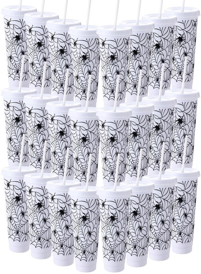 Funnymoom 24 Pcs Halloween Cups with Lids and Straws Spiderweb Halloween Plastic Cups 24 Oz Bulk White Mugs for Kids Adult Spooky Spider Theme Halloween Party Holiday Supplies - Image 1