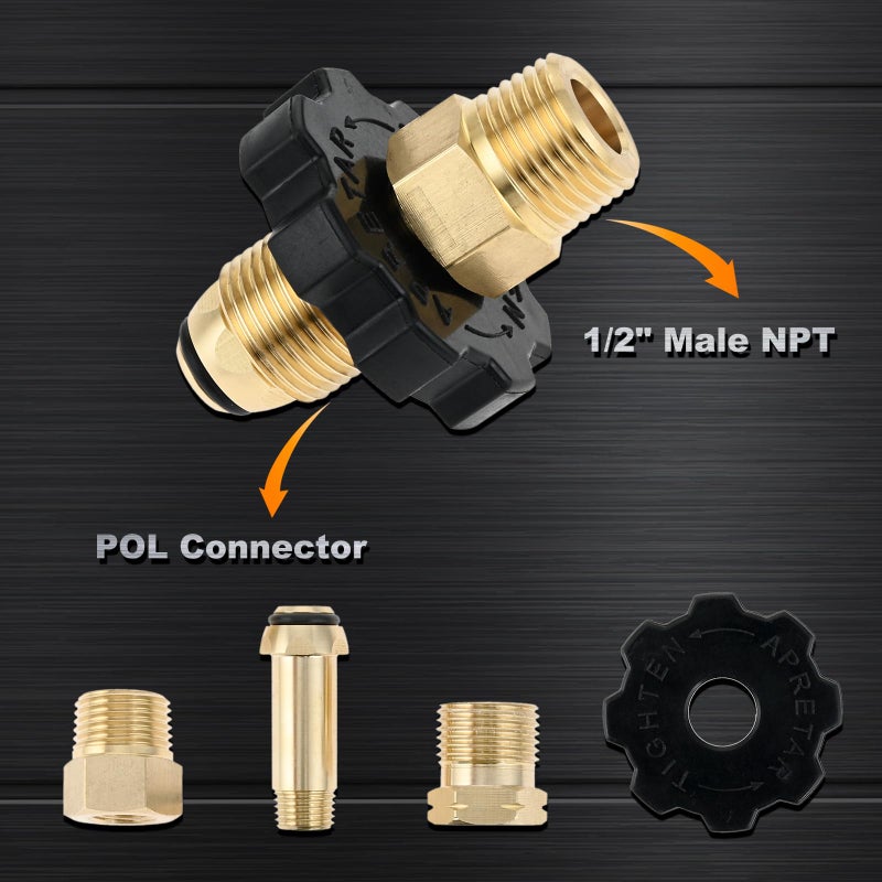 Lemfema Soft Nose POL Propane Gas Tank Adapter Plug with Full Flow for 50lbs Cylinder Tank, with 3/8" Male Flare and 1/2" Male NPT Converter Fitting, Brass - Image 3
