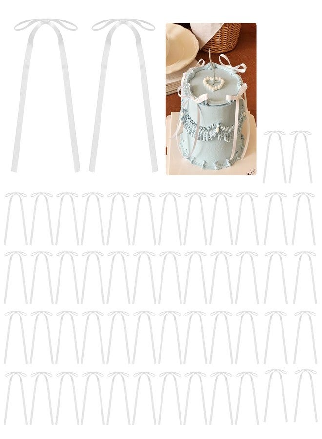 GDFYMI 50 Pcs White 2.3''x5.9'' Satin Ribbon Bows, Small Twist Tie Bow Twist Tie Bows Premade Bow for Treat Bags, Birthday Party Decorations, Cake Balloons Crafts (White - Image 1