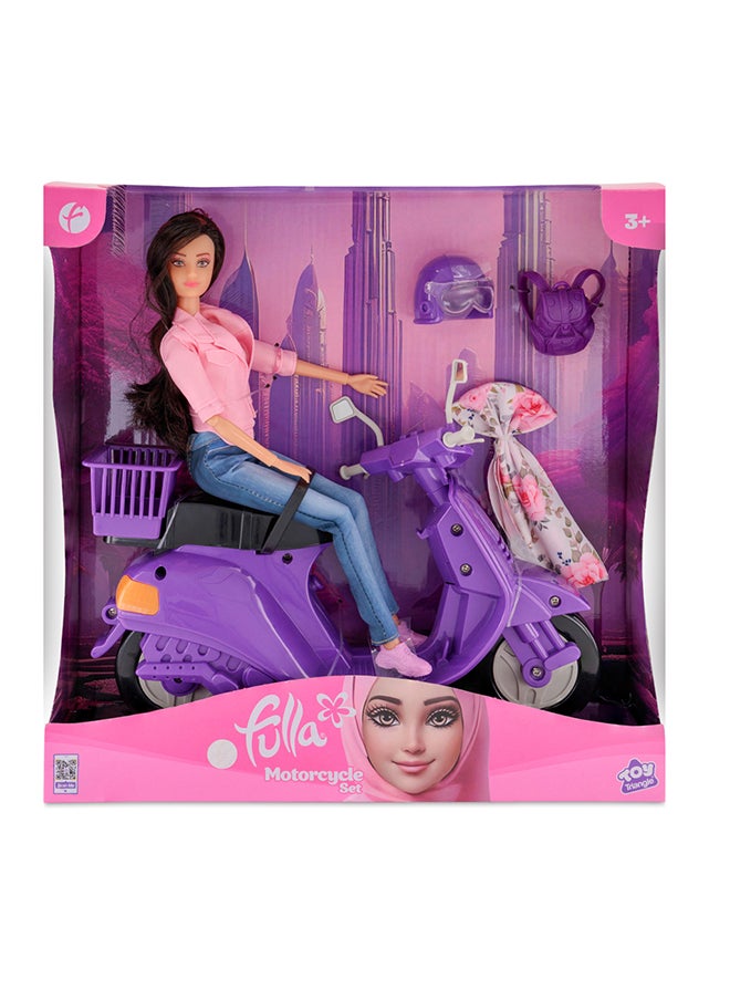 Fulla Doll With Purple Motorbike Includes Jeans, Scarf, Helmet, Schoolbag & Stylish Look With Fun, Great Vehicle For Storytelling Outdoor Play And Creative Imagination For Girls, Perfect For Eid Gifting  - Image 1