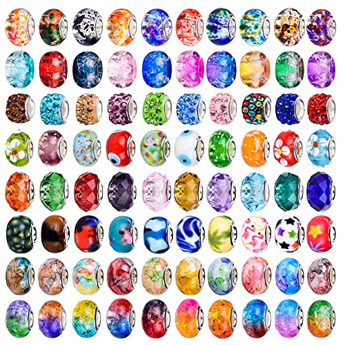 AIPRIDY 120 Pieces Assorted European Craft Beads Large Hole Lampwork Spacer Beads Colorful European Beads for DIY Necklace Bracelet Jewelry Making (Out Flower) - Image 1