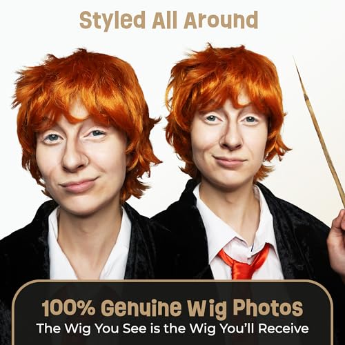 ALLAURA Compatible with Ron Weasley Costume – Short Orange Wig for Adults & Kids – Ideal for Wizard, Ed Shran, Halloween Cosplay, Movie Characters, Funny Party Looks, Redhead Wig Styles - Image 2