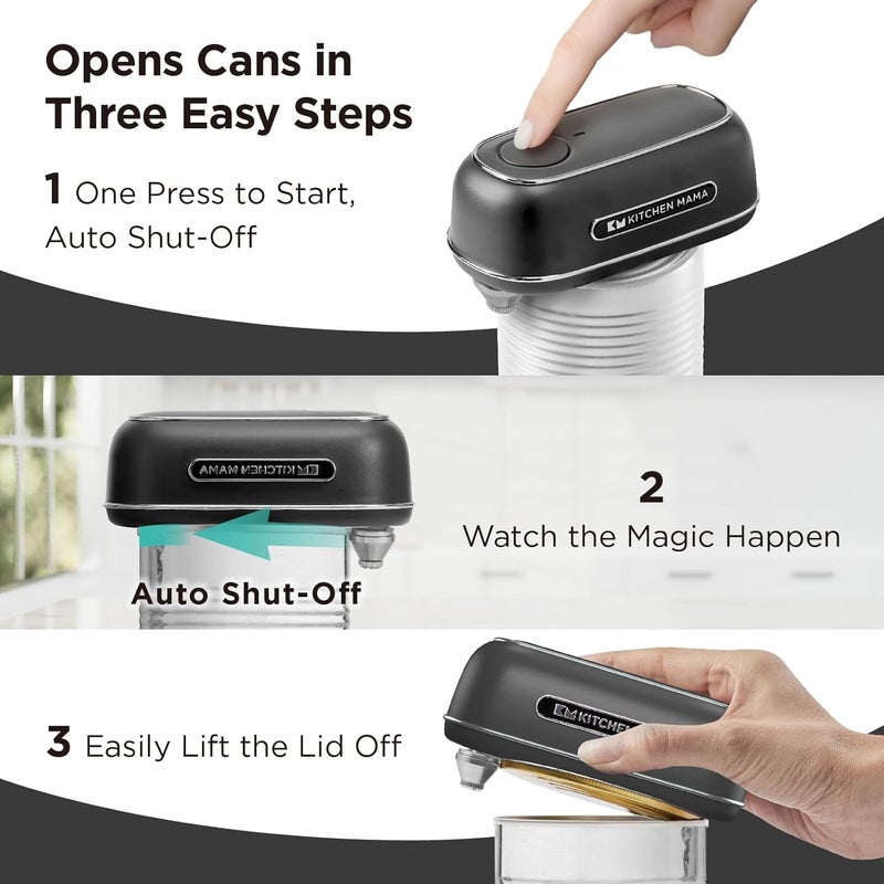 Kitchen Mama Orbit One Rechargeable Electric Can Opener: Hands-free, USB-C Charging, Automatic Stop, Smooth Edge, Safety, Blade for Large Cans, Heavy Duty, Soda and Pop Can, with Storage Box (Black) - Image 3