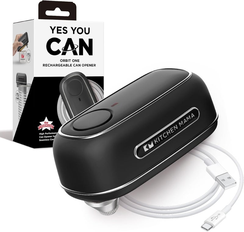 Kitchen Mama Orbit One Rechargeable Electric Can Opener: Hands-free, USB-C Charging, Automatic Stop, Smooth Edge, Safety, Blade for Large Cans, Heavy Duty, Soda and Pop Can, with Storage Box (Black) - Image 1