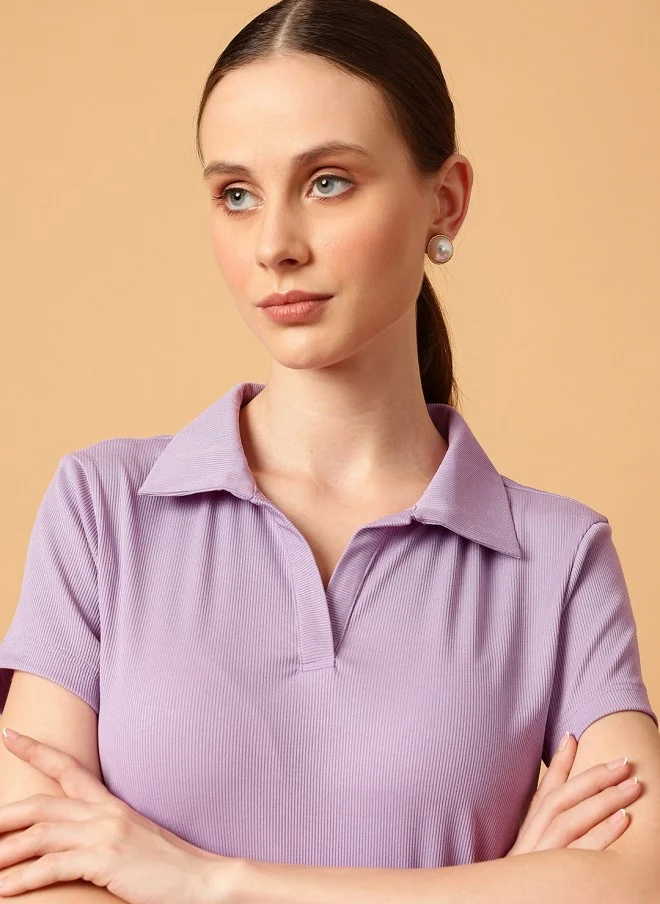 MINT STREET Lavender Slim Fit Polo Collar T-shirt for Women