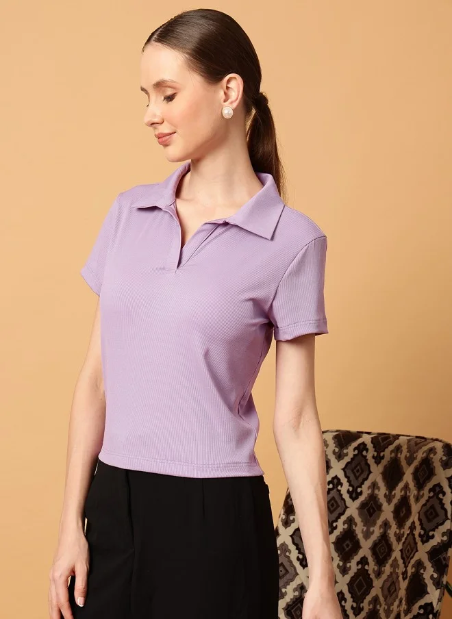 MINT STREET Lavender Slim Fit Polo Collar T-shirt for Women