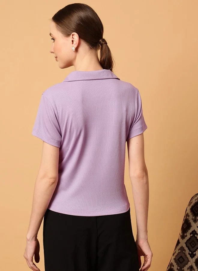 MINT STREET Lavender Slim Fit Polo Collar T-shirt for Women