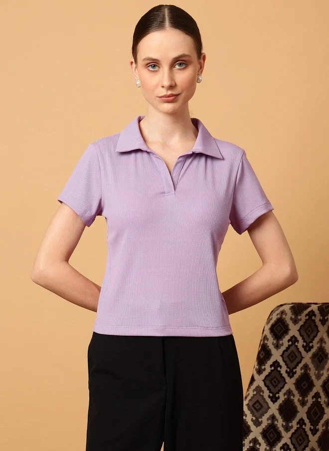 MINT STREET Lavender Slim Fit Polo Collar T-shirt for Women