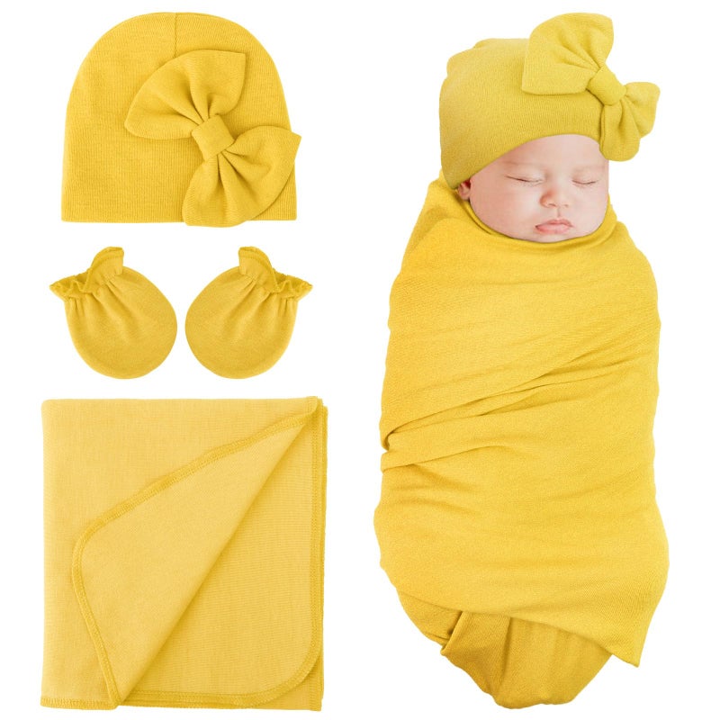 DRESHOW DRESHOW BQUBO Newborn Receiving Blanket Bow Hat Gloves Set Cotton Warm Baby Swaddle Blanket Wrap Baby Sleep Sack Shower Gift 