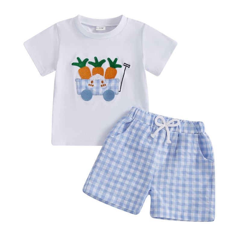 Bonangber Easter Outfit Toddler Boy Summer Clothes Carrot Cart Short Sleeve T-Shirt Plaid Shorts Set Cute Easter Baby Boy Outfit(A-White Carrot,2-3T) - Image 1