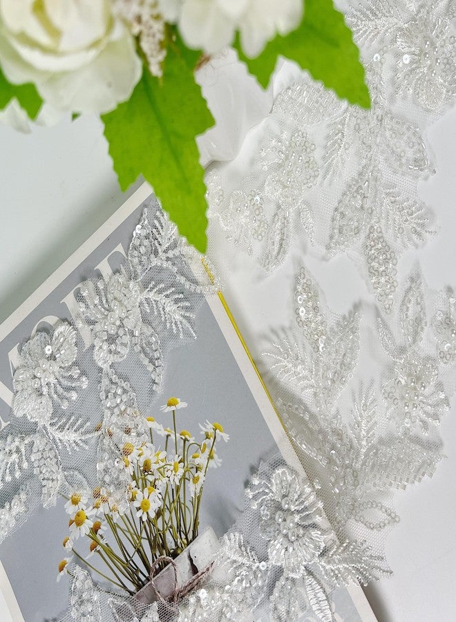 VIRFONOR 2yard Embroidered Lace Trim with Sequins and Beads,Floral Lace Appliqué Ribbon for Wedding Dresses, Gowns, Headpieces, DIY Sewing Crafts (Pattern D) - Image 5