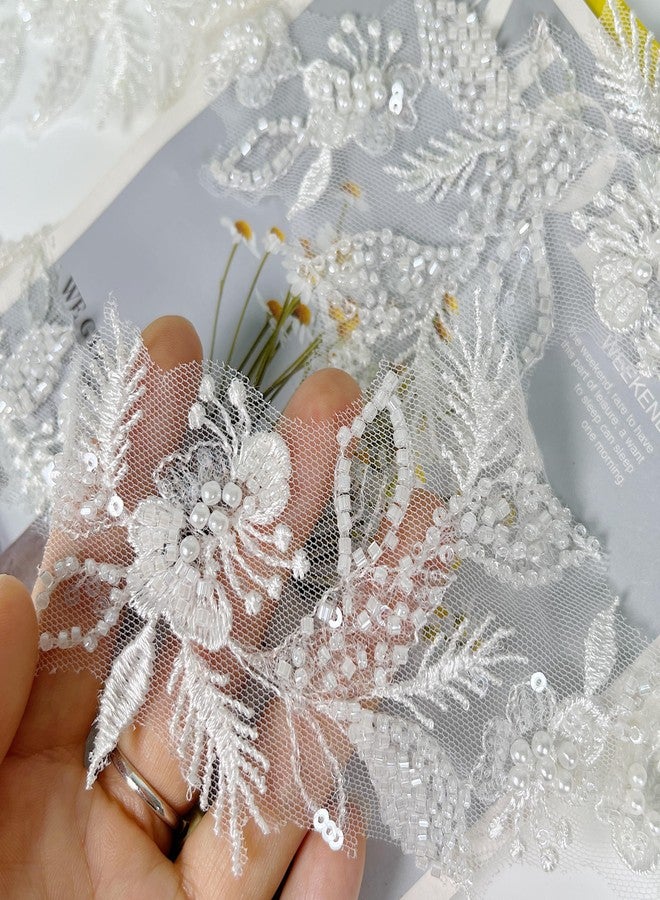 VIRFONOR 2yard Embroidered Lace Trim with Sequins and Beads,Floral Lace Appliqué Ribbon for Wedding Dresses, Gowns, Headpieces, DIY Sewing Crafts (Pattern D) - Image 4