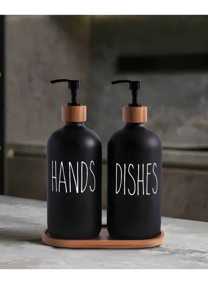 EETU Soap Dispenser Set,2PCS 500ml/17oz Handheld Soap Dispenser and Dishwasher with Bamboo Box,Soap Dispenser for Kitchen and Bathroom Sink (Black Matte) - Image 1