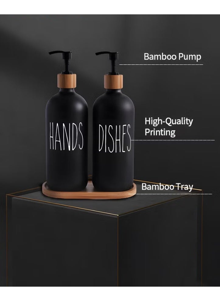 EETU Soap Dispenser Set,2PCS 500ml/17oz Handheld Soap Dispenser and Dishwasher with Bamboo Box,Soap Dispenser for Kitchen and Bathroom Sink (Black Matte) - Image 5
