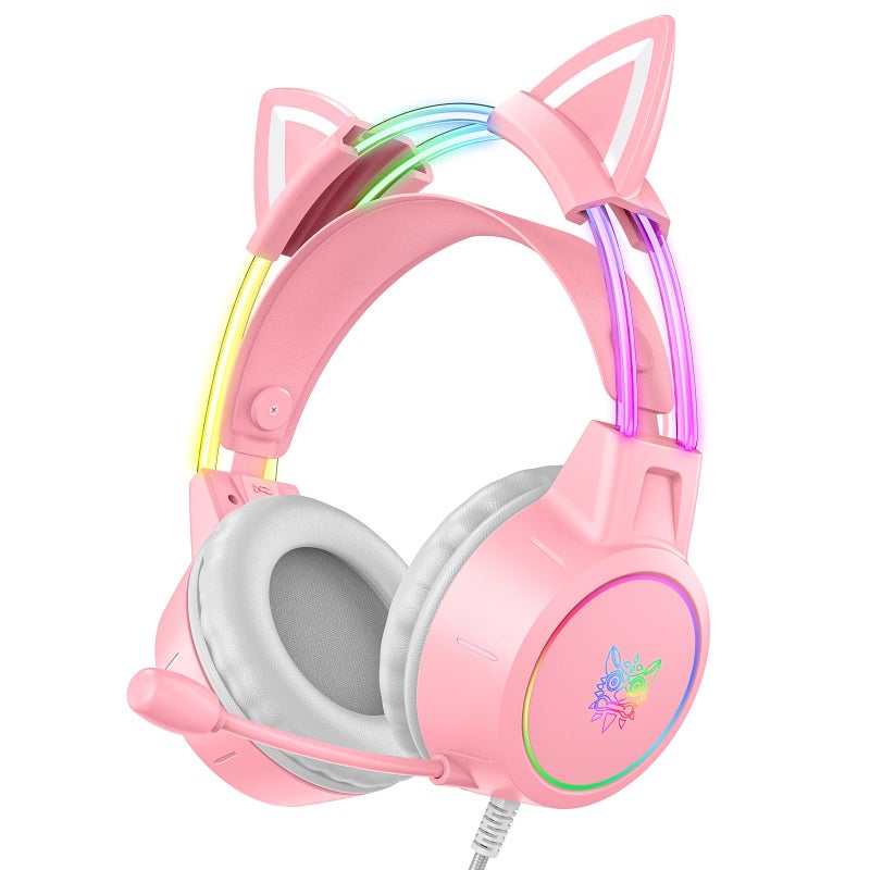 ONITOON Lightweight Gaming Headset with Detachable Cat Ears, RGB Lighting, Wired Over Ear Headphones with Mic for PC, PS4, PS5, Switch, Stereo Surround Sound, Self-Adjusting Headband - Image 1