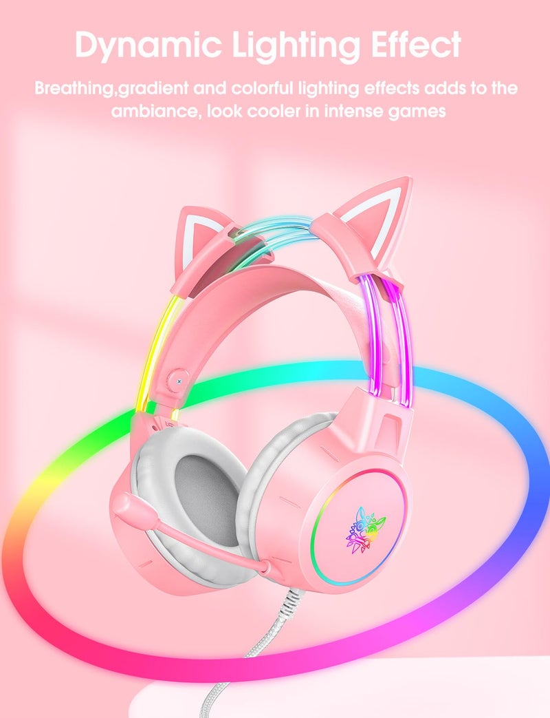 ONITOON Lightweight Gaming Headset with Detachable Cat Ears, RGB Lighting, Wired Over Ear Headphones with Mic for PC, PS4, PS5, Switch, Stereo Surround Sound, Self-Adjusting Headband - Image 3
