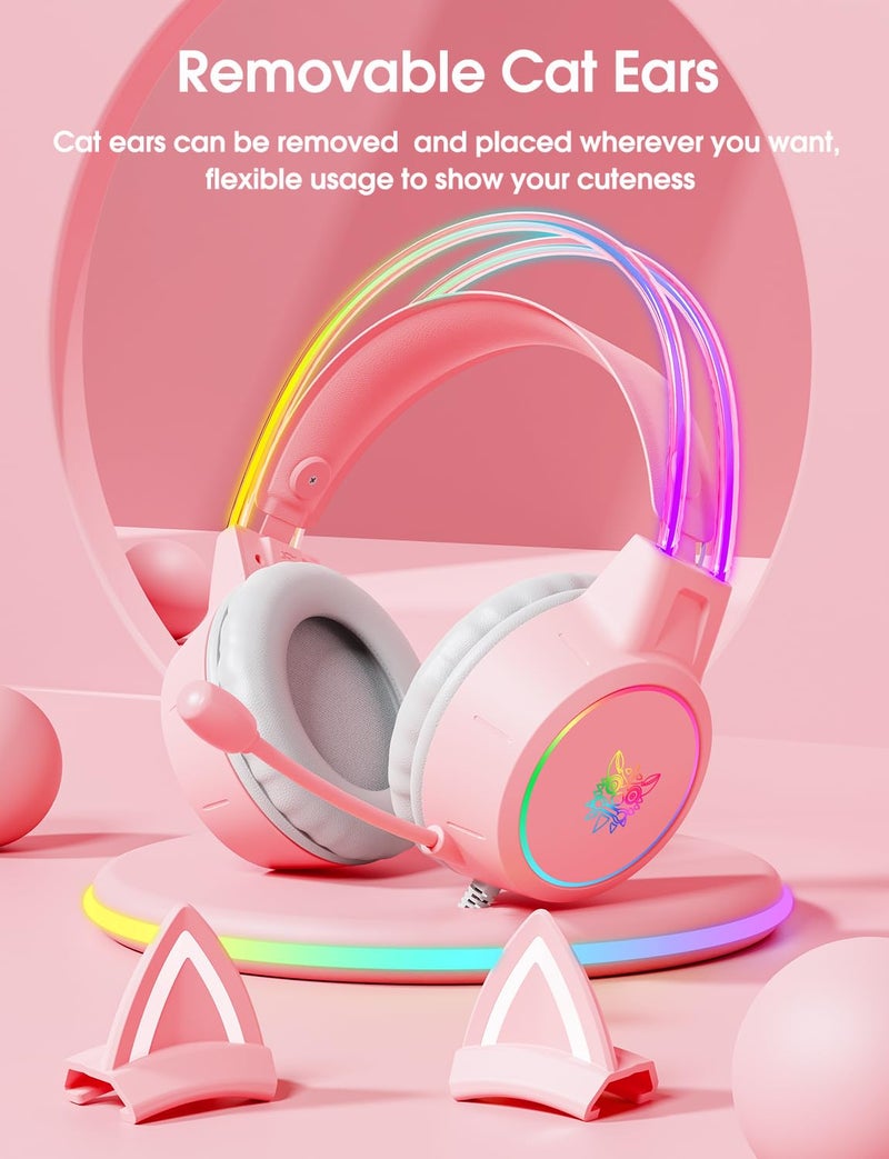ONITOON Lightweight Gaming Headset with Detachable Cat Ears, RGB Lighting, Wired Over Ear Headphones with Mic for PC, PS4, PS5, Switch, Stereo Surround Sound, Self-Adjusting Headband - Image 2