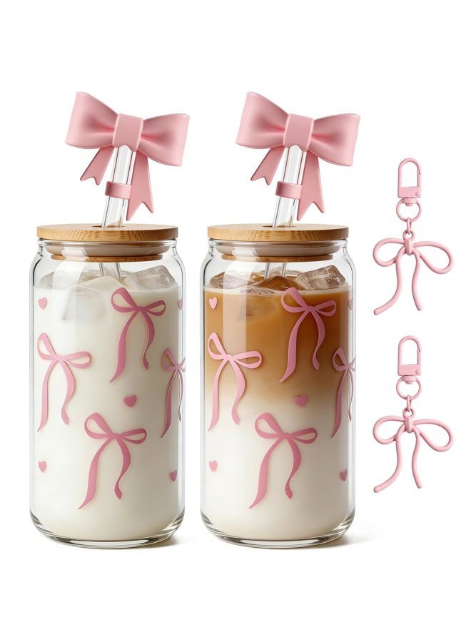 Mason Life Coquette Bow Aesthetic Cup with Clear Gift Bag Glass Cups with Lids and Straws-4 - Image 1