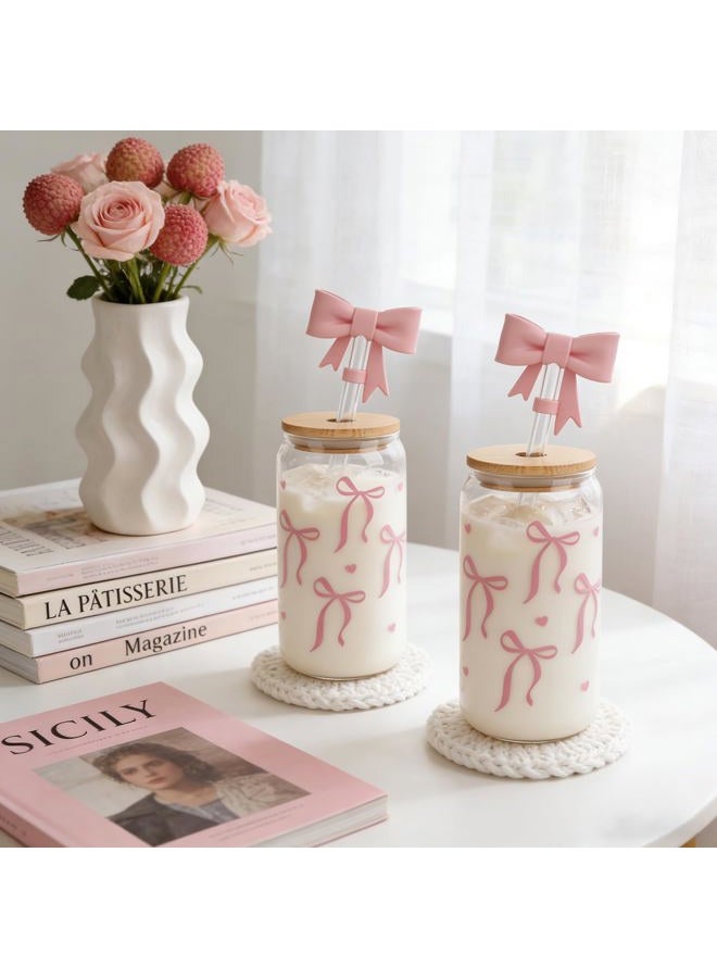 Mason Life Coquette Bow Aesthetic Cup with Clear Gift Bag Glass Cups with Lids and Straws-4 - Image 2