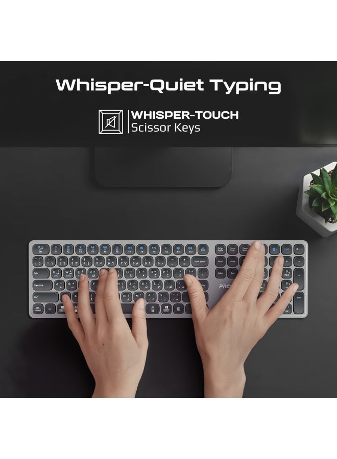 PROMATE ProKeys-X2 Wireless Keyboard, Full-Size Slim Scissor Key Design, Triple Mode BT5.1 + 2.4G, USB-C Rechargeable, 100H Battery Life, Multi-Device Keyboard for Windows Mac Android, English/Arabic English/Arabic - Image 4