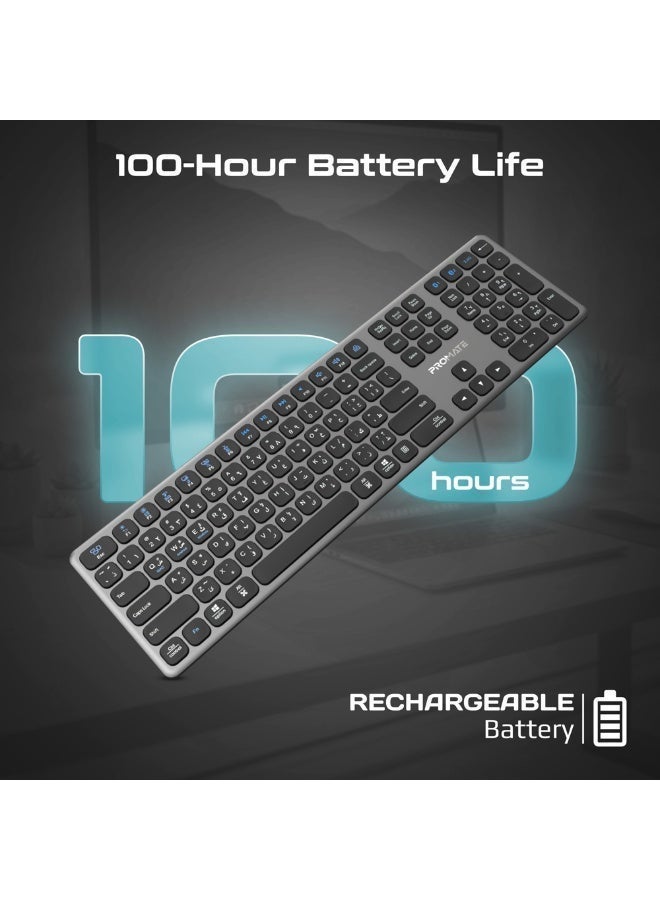 PROMATE ProKeys-X2 Wireless Keyboard, Full-Size Slim Scissor Key Design, Triple Mode BT5.1 + 2.4G, USB-C Rechargeable, 100H Battery Life, Multi-Device Keyboard for Windows Mac Android, English/Arabic English/Arabic - Image 5