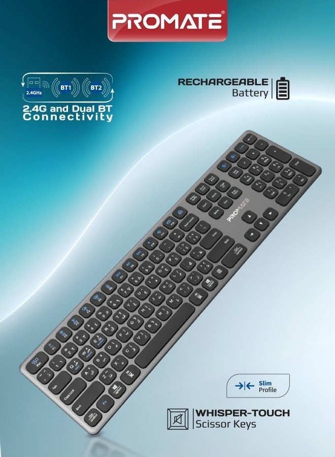 PROMATE ProKeys-X2 Wireless Keyboard, Full-Size Slim Scissor Key Design, Triple Mode BT5.1 + 2.4G, USB-C Rechargeable, 100H Battery Life, Multi-Device Keyboard for Windows Mac Android, English/Arabic English/Arabic - Image 1
