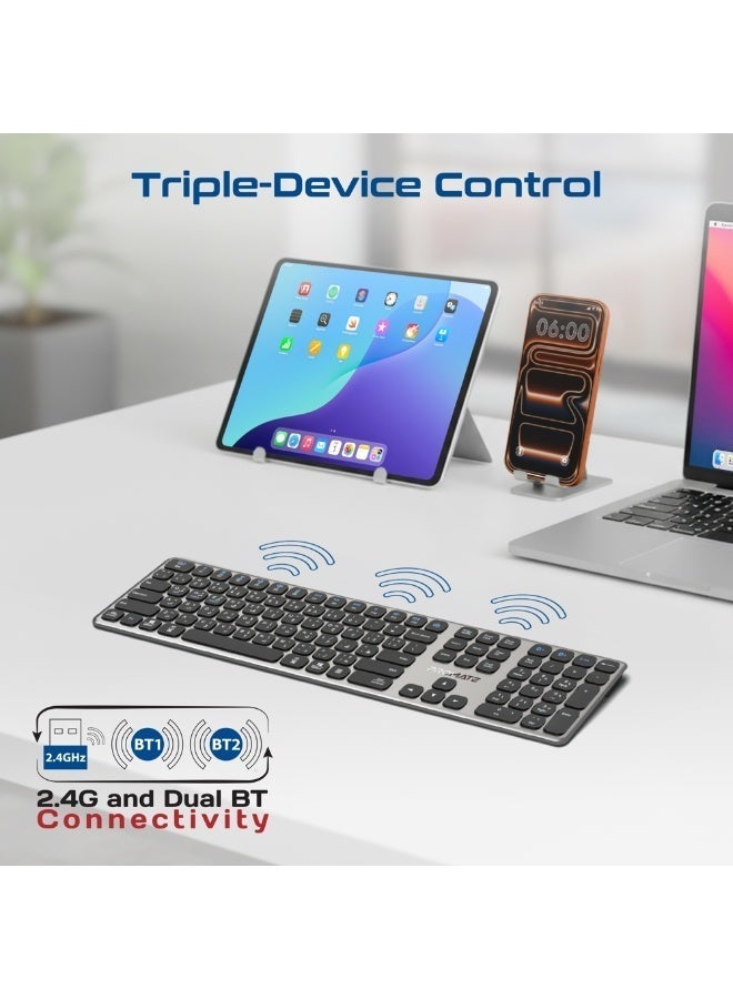 PROMATE ProKeys-X2 Wireless Keyboard, Full-Size Slim Scissor Key Design, Triple Mode BT5.1 + 2.4G, USB-C Rechargeable, 100H Battery Life, Multi-Device Keyboard for Windows Mac Android, English/Arabic English/Arabic - Image 3