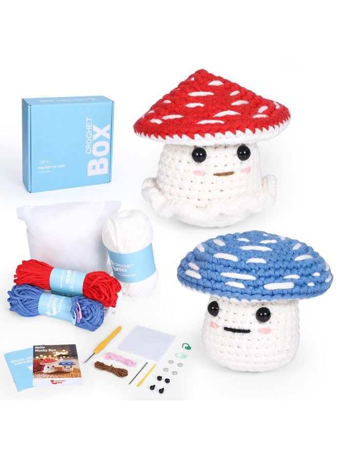 CrochetBox طقم كروشيه للمبتدئين: 2 قطعة من طقم كروشيه الفطر الأحمر والأزرق مع دروس فيديو خطوة بخطوة وخيوط، خطاف، ملحقات، هدية حرف يدوية للبالغين والأطفال (30%+ خيوط) - Image 1