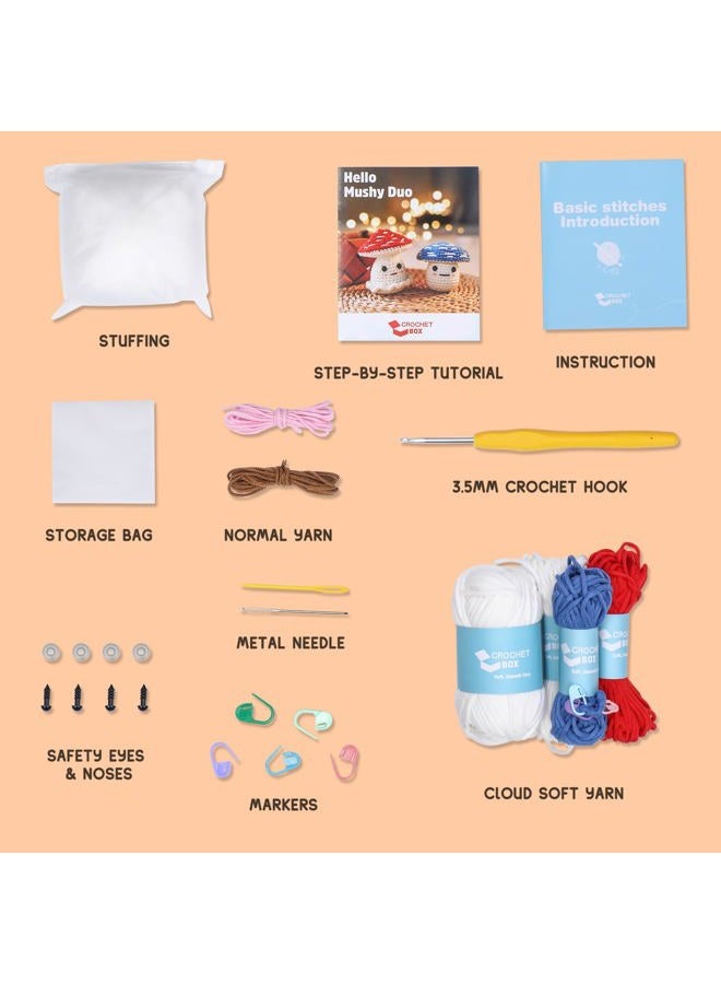 CrochetBox طقم كروشيه للمبتدئين: 2 قطعة من طقم كروشيه الفطر الأحمر والأزرق مع دروس فيديو خطوة بخطوة وخيوط، خطاف، ملحقات، هدية حرف يدوية للبالغين والأطفال (30%+ خيوط) - Image 3