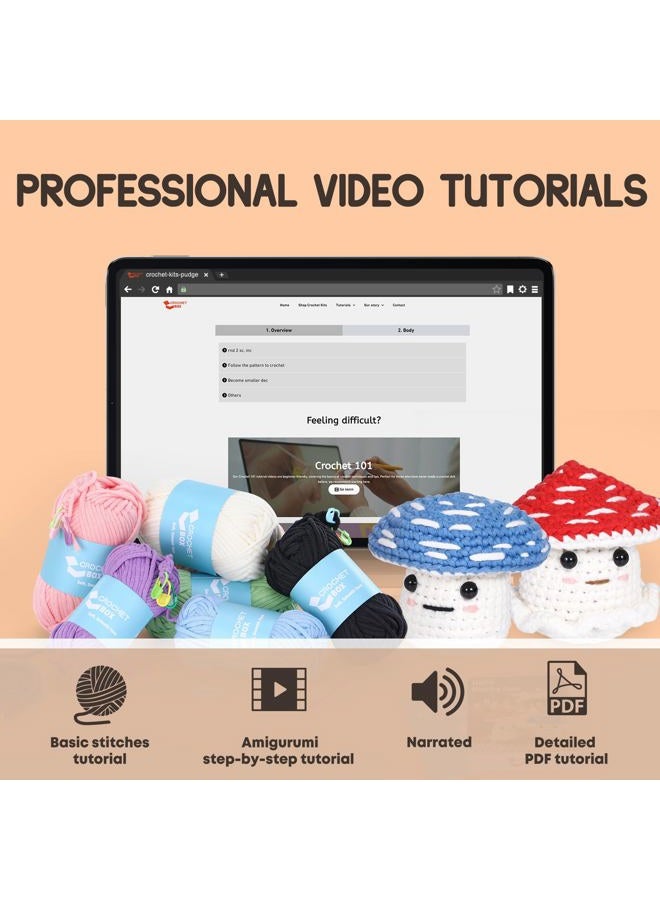 CrochetBox طقم كروشيه للمبتدئين: 2 قطعة من طقم كروشيه الفطر الأحمر والأزرق مع دروس فيديو خطوة بخطوة وخيوط، خطاف، ملحقات، هدية حرف يدوية للبالغين والأطفال (30%+ خيوط) - Image 4