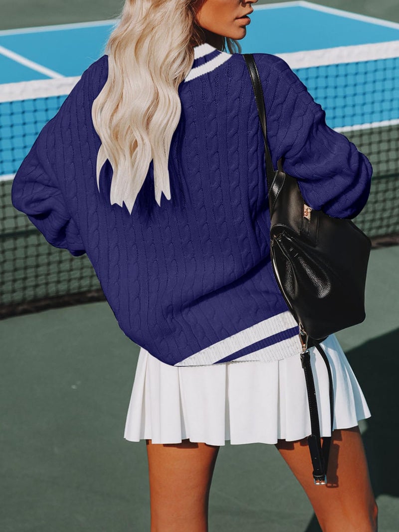 Aoudery Womens V Neck Oversized Sweaters Long Sleeve Cable Knit Pullover Striped Chunky Sweater Casual Tennis Tunic Tops - Navy Blue XL - Image 2