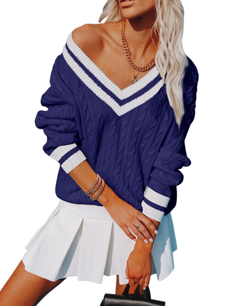 Aoudery Womens V Neck Oversized Sweaters Long Sleeve Cable Knit Pullover Striped Chunky Sweater Casual Tennis Tunic Tops - Navy Blue XL - Image 1