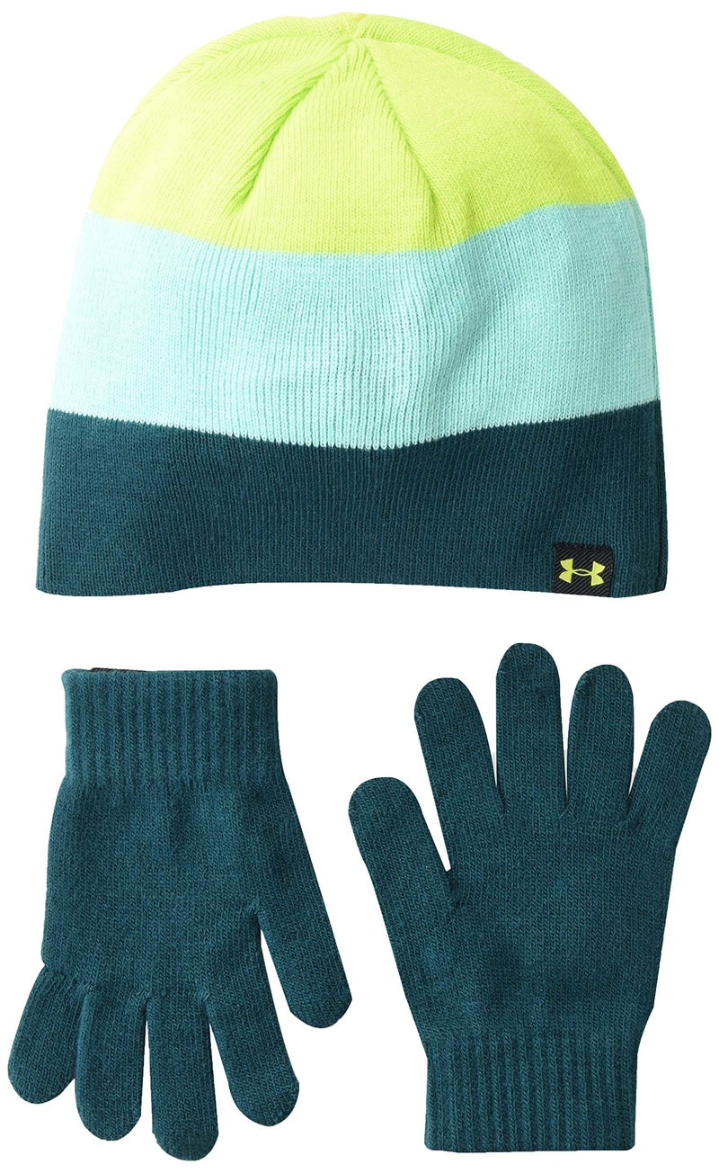 Under Armour boys Beanie Glove Combo , Blackout Teal (461)/Green Citrine , One Size Fits All - Image 1