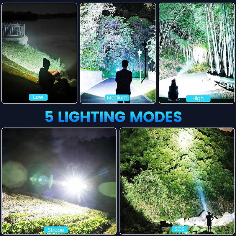 Zorzel 200000 Lumen Rechargeable Tactical Flashlight Bright Torch Flashlight with 5 Modes Waterproof Zoomable XHP50 LED for Hiking Hunting Camping Emergency Outdoor Sport - Image 3