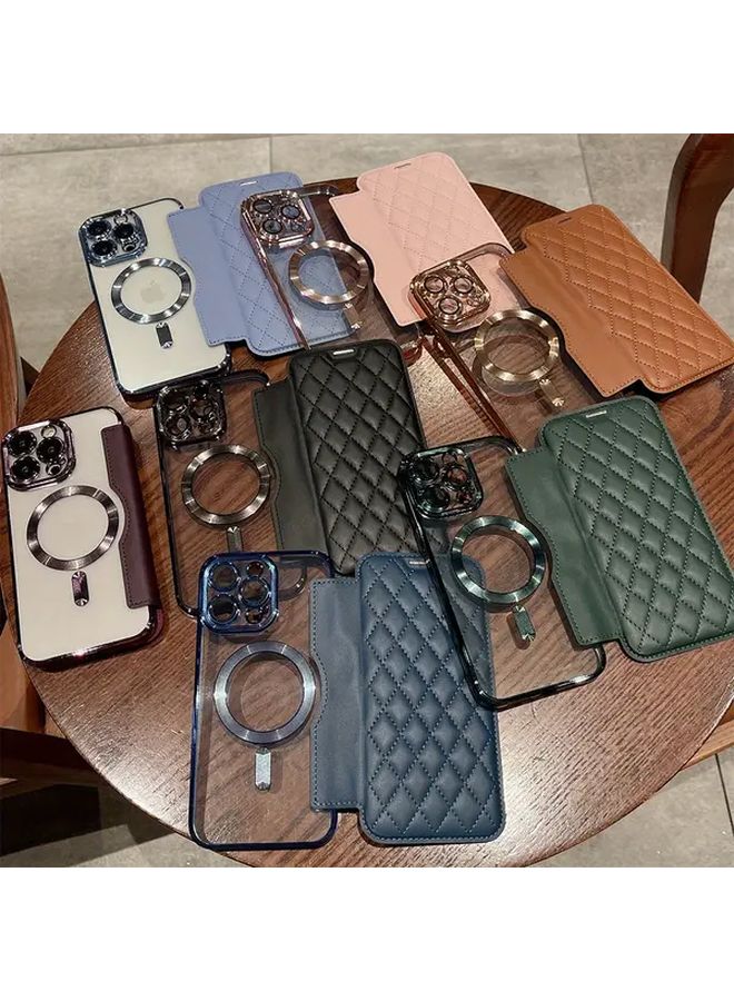 غطاء هاتف مغناطيسي قابل للطي مع فتحة بطاقة لـ iPhone 15 Pro Max - غطاء واقي أزرق غامق شفاف - Image 2