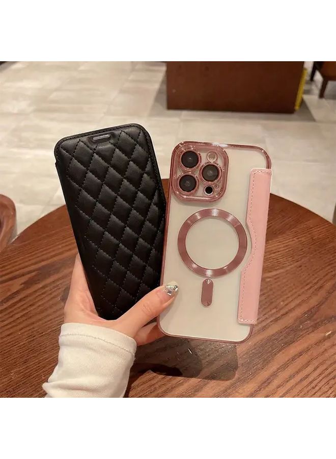 غطاء هاتف مغناطيسي قابل للطي مع فتحة بطاقة لـ iPhone 15 Pro Max - غطاء واقي أزرق غامق شفاف - Image 1
