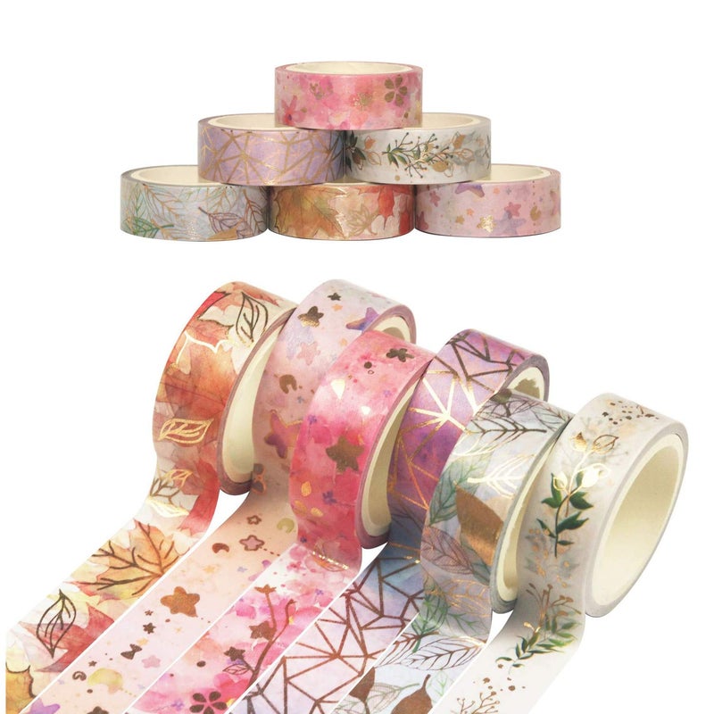 Lakeer Lakeer Gold Foil Washi Tape Set 15MM Flower Skinny Masking Decorative Tape Pack for DIY Scrapbooking, Crafts, Gift Wrapping, Holiday Decoration (Autumn Floral Pattern 6 Rolls) - Image 5