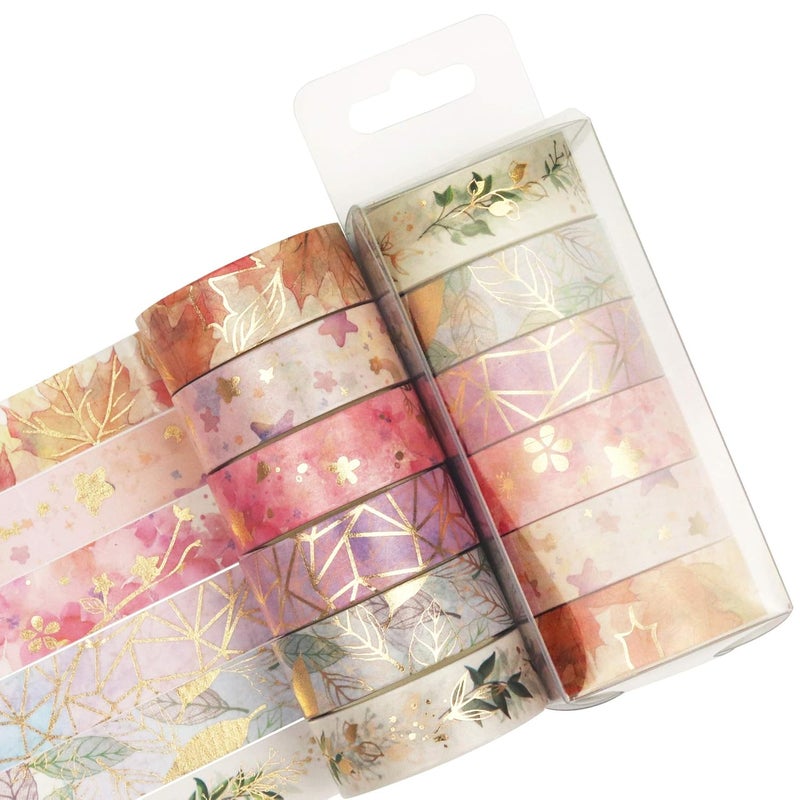Lakeer Lakeer Gold Foil Washi Tape Set 15MM Flower Skinny Masking Decorative Tape Pack for DIY Scrapbooking, Crafts, Gift Wrapping, Holiday Decoration (Autumn Floral Pattern 6 Rolls) - Image 2