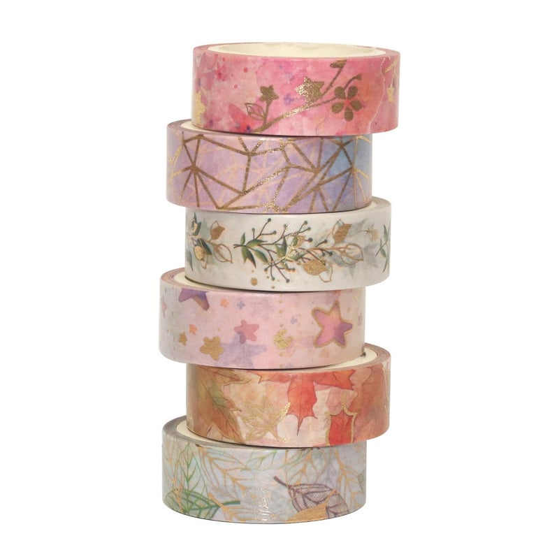 Lakeer Lakeer Gold Foil Washi Tape Set 15MM Flower Skinny Masking Decorative Tape Pack for DIY Scrapbooking, Crafts, Gift Wrapping, Holiday Decoration (Autumn Floral Pattern 6 Rolls) - Image 4