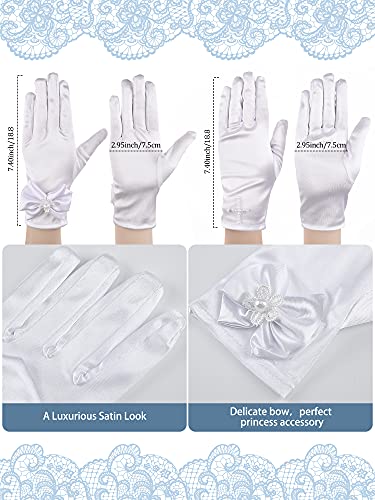 Heentan 4 Pairs Tea Party Gloves for Little Girls Kids Lace Short White Satin Princess Dressing Gloves with Bows for Party(White,Stylish Style) - Image 3