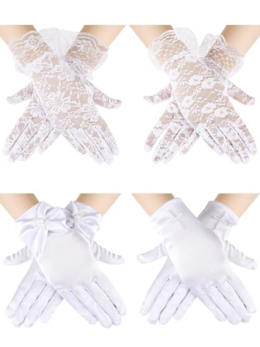 Heentan 4 Pairs Tea Party Gloves for Little Girls Kids Lace Short White Satin Princess Dressing Gloves with Bows for Party(White,Stylish Style) - Image 1