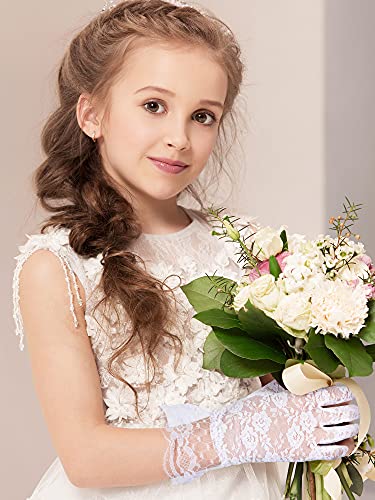 Heentan 4 Pairs Tea Party Gloves for Little Girls Kids Lace Short White Satin Princess Dressing Gloves with Bows for Party(White,Stylish Style) - Image 2