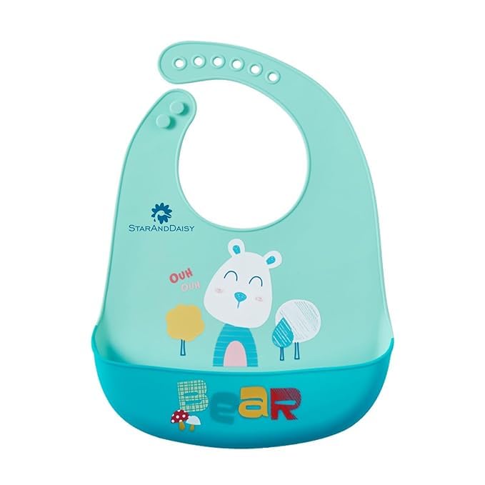 StarAndDaisy Reusable Silicone Bib for Baby with Adjustable Buttons for Mess-Free Feeding, Weaning, and Easy Cleaning and Waterproof (Printed-Green Bear) - Image 1